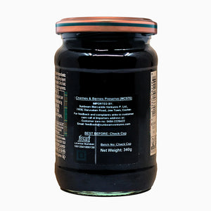 Back label of cherries and berries preserve jar, 340g, with nutritional and product details.