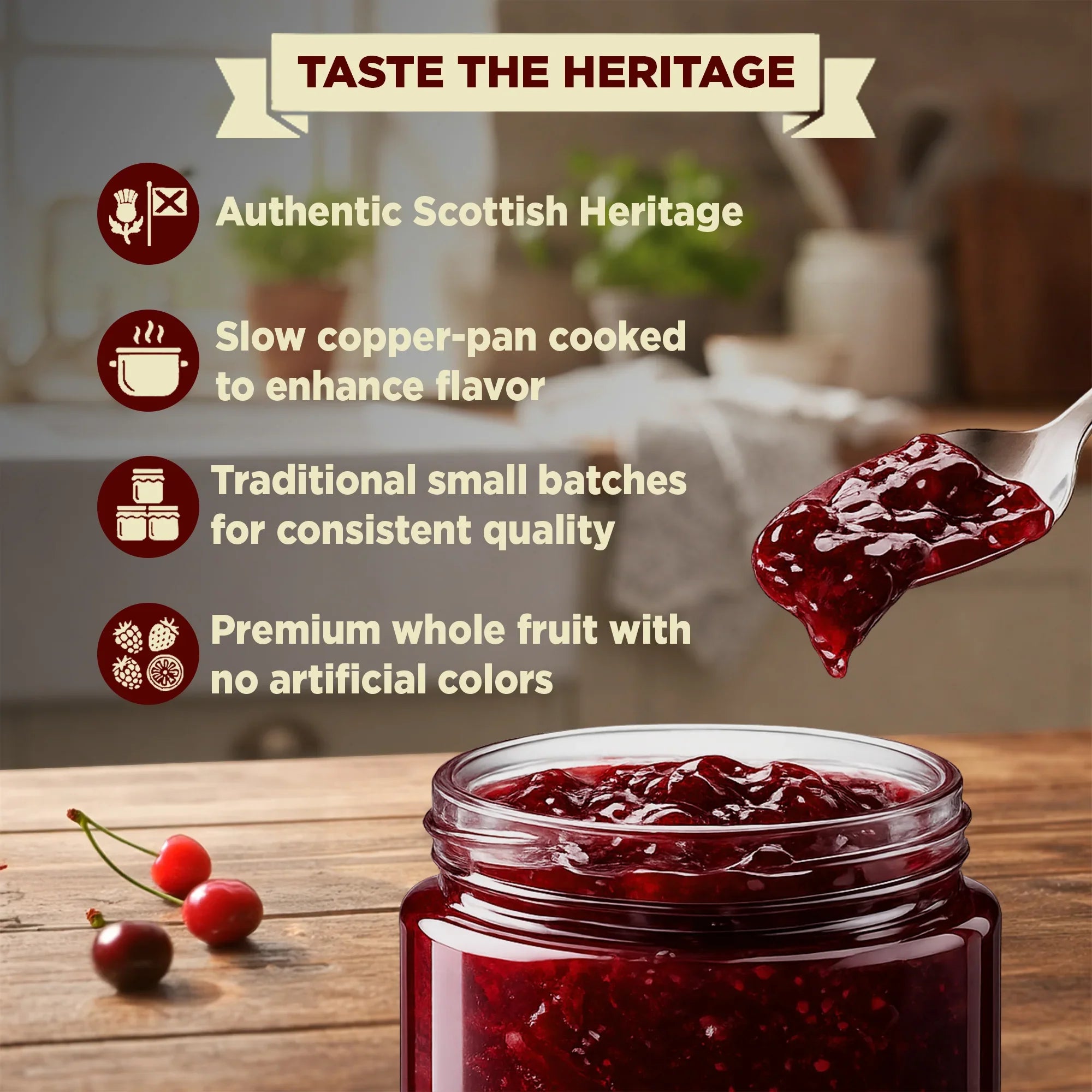 Open jar of cherry berry preserve with whole fruit, spoonful held above, and fresh cherries nearby