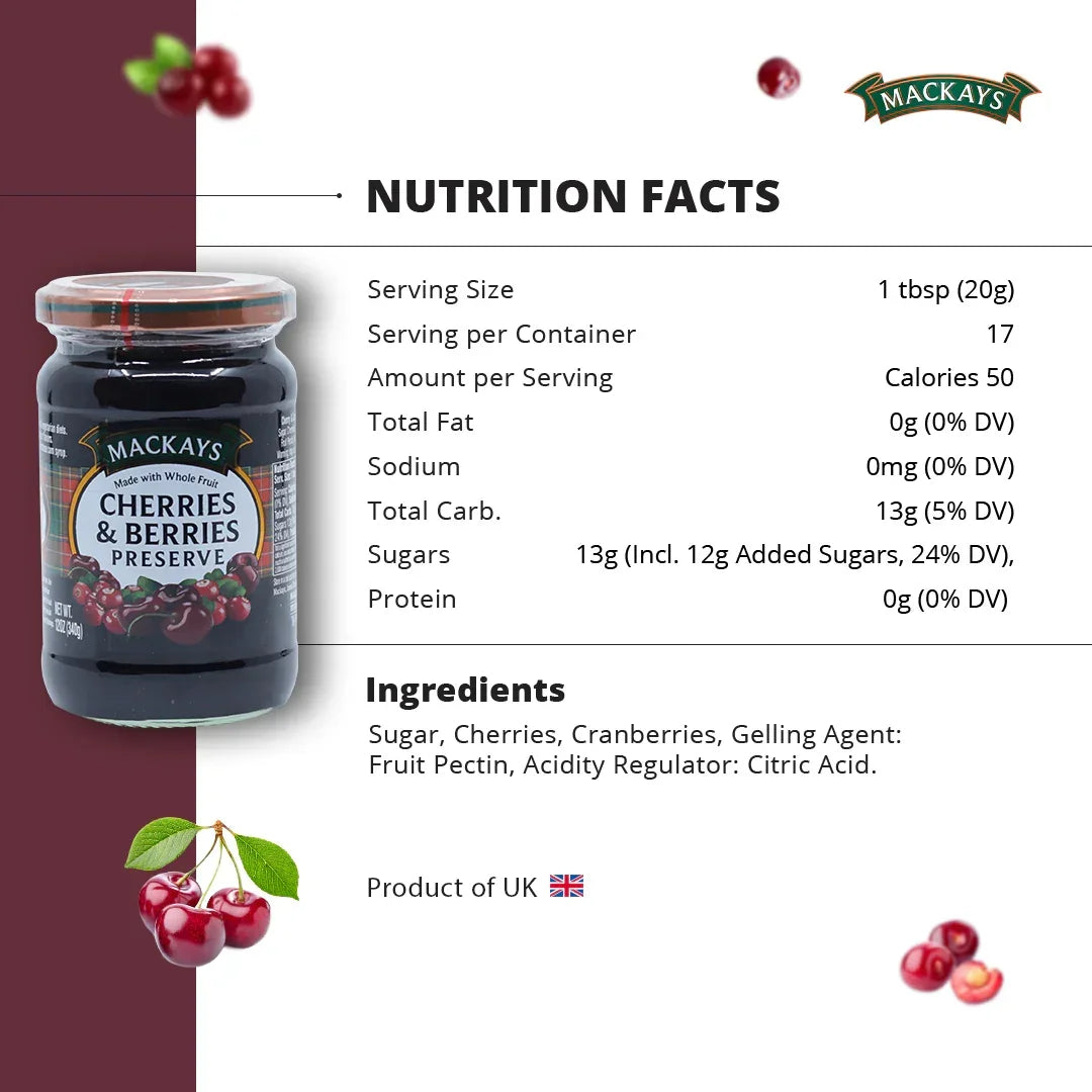 Mackays cherries & berries preserve jar with nutrition facts and ingredients, UK product