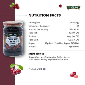 Mackays cherries & berries preserve jar with nutrition facts and ingredients, UK product