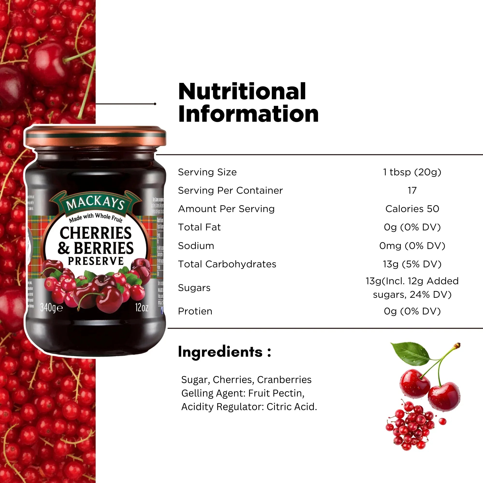 Jar of cherries and berries preserve with nutritional information and fresh berries background.