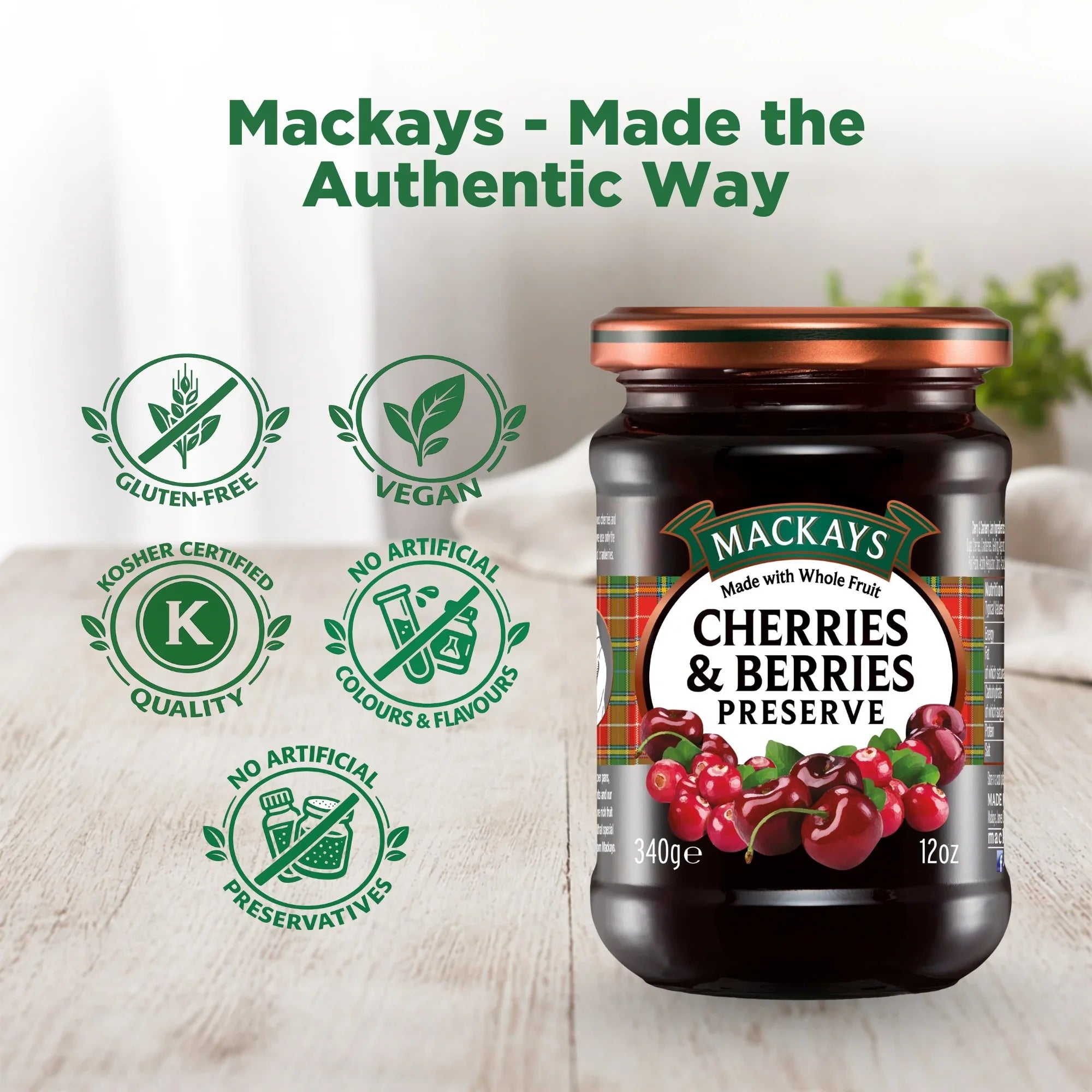 Jar of Mackays Cherries & Berries Preserve with vegan, gluten-free, kosher, and no artificial additives icons