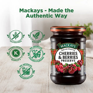 Jar of Mackays Cherries & Berries Preserve with vegan, gluten-free, kosher, and no artificial additives icons