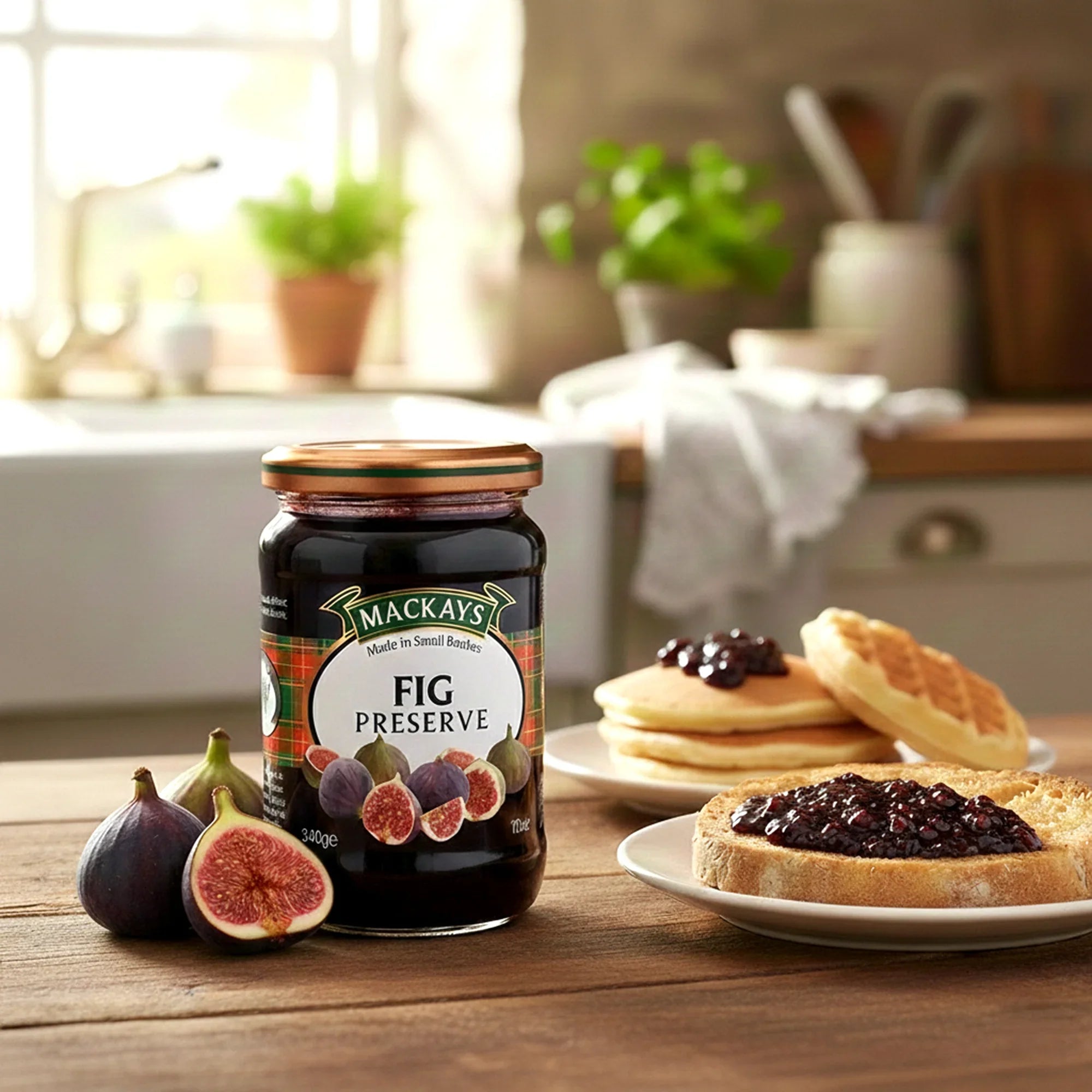 Jar of fig preserve with fresh figs, toast, and pancakes in a rustic kitchen setting