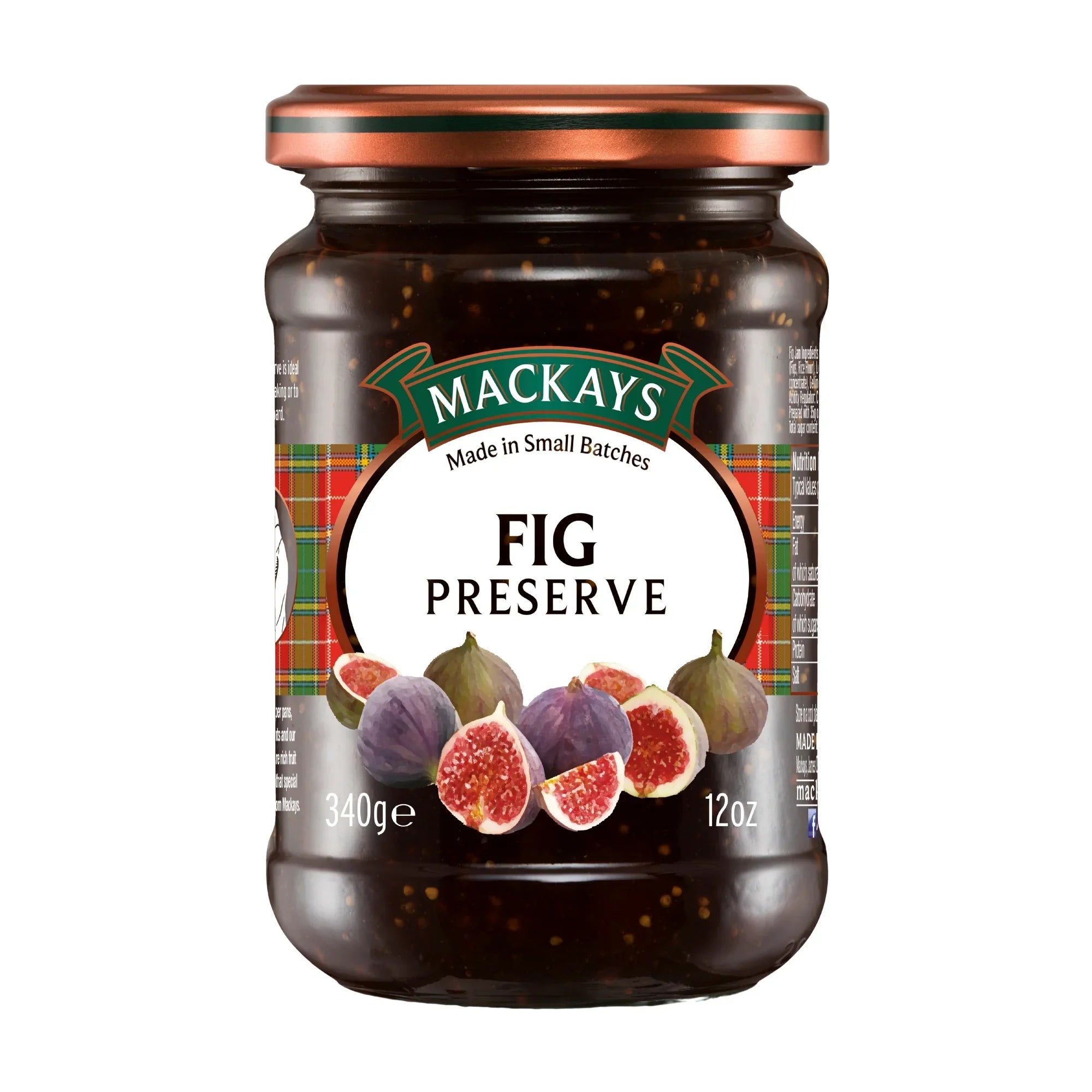Glass jar of fig preserve with whole and sliced figs on label, 340g, front view