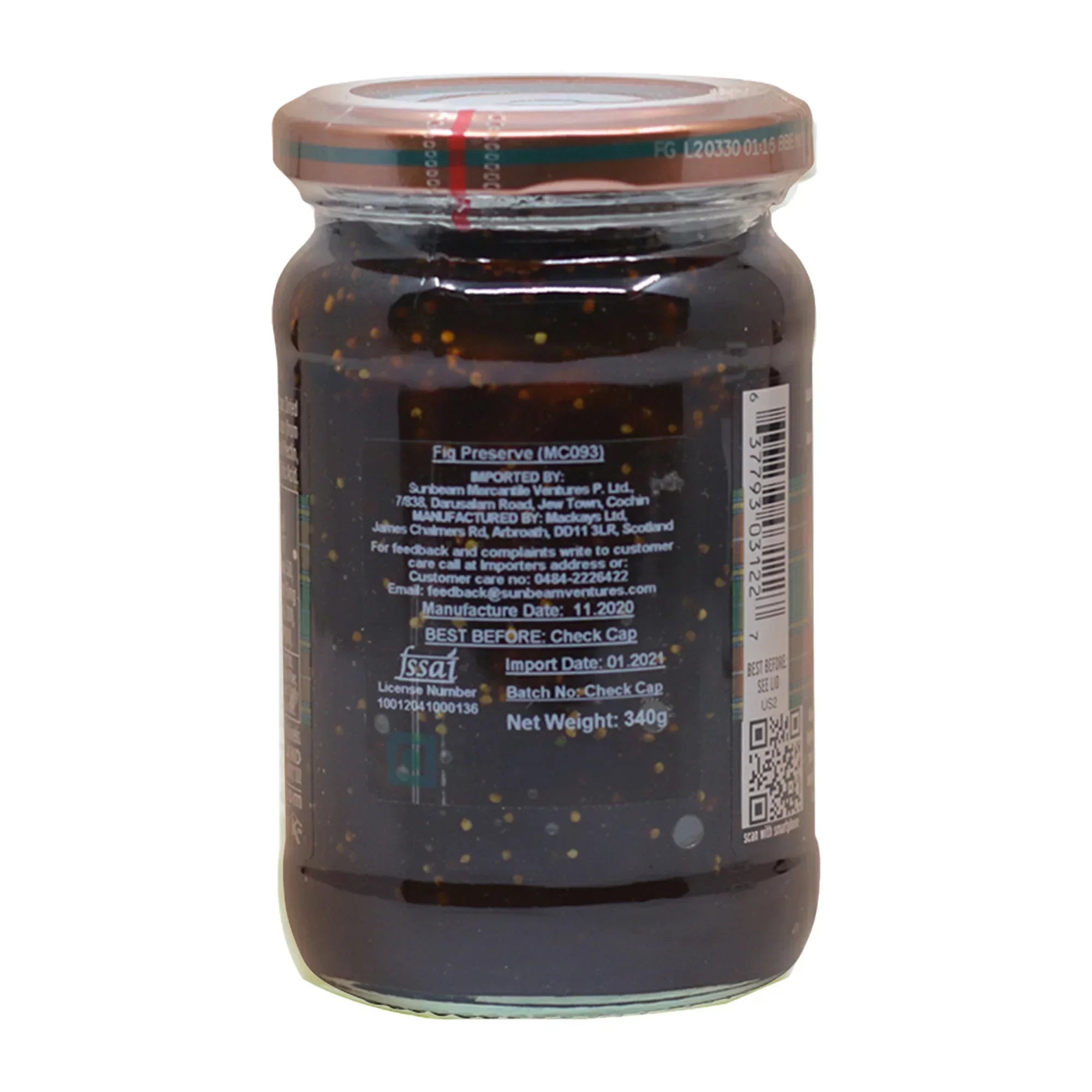 Jar of Mackays Scottish fig preserve with visible seeds and label details