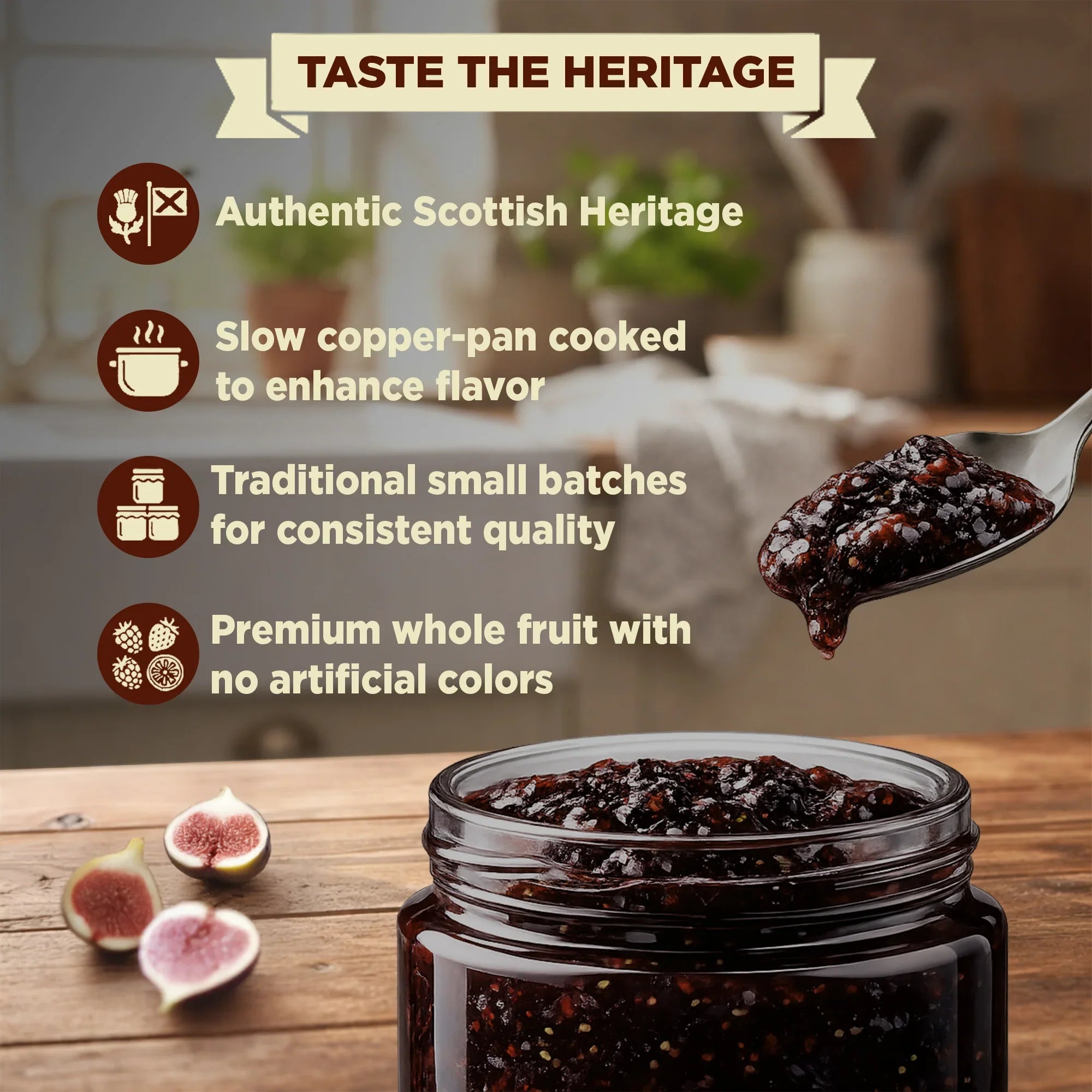 Glass jar of fig preserve with whole figs, spoonful of chunky fig jam, Scottish heritage highlights.