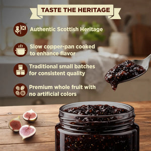 Glass jar of fig preserve with whole figs, spoonful of chunky fig jam, Scottish heritage highlights.