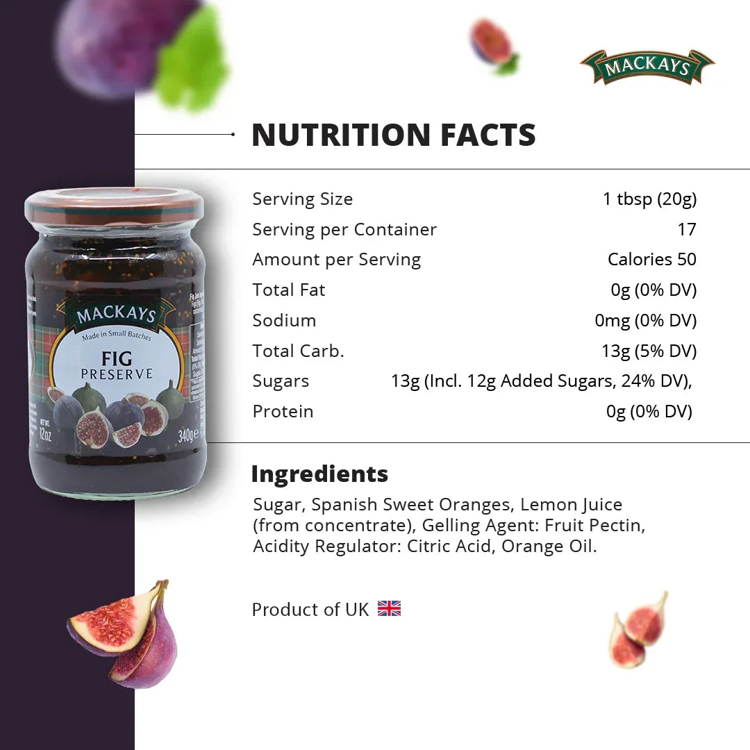 Mackays Fig Preserve jar with nutrition facts and ingredients on white background, featuring fig illustrations