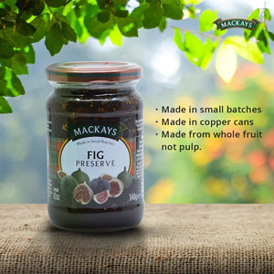 Jar of Mackays fig preserve on burlap with green leaves overhead and product features listed