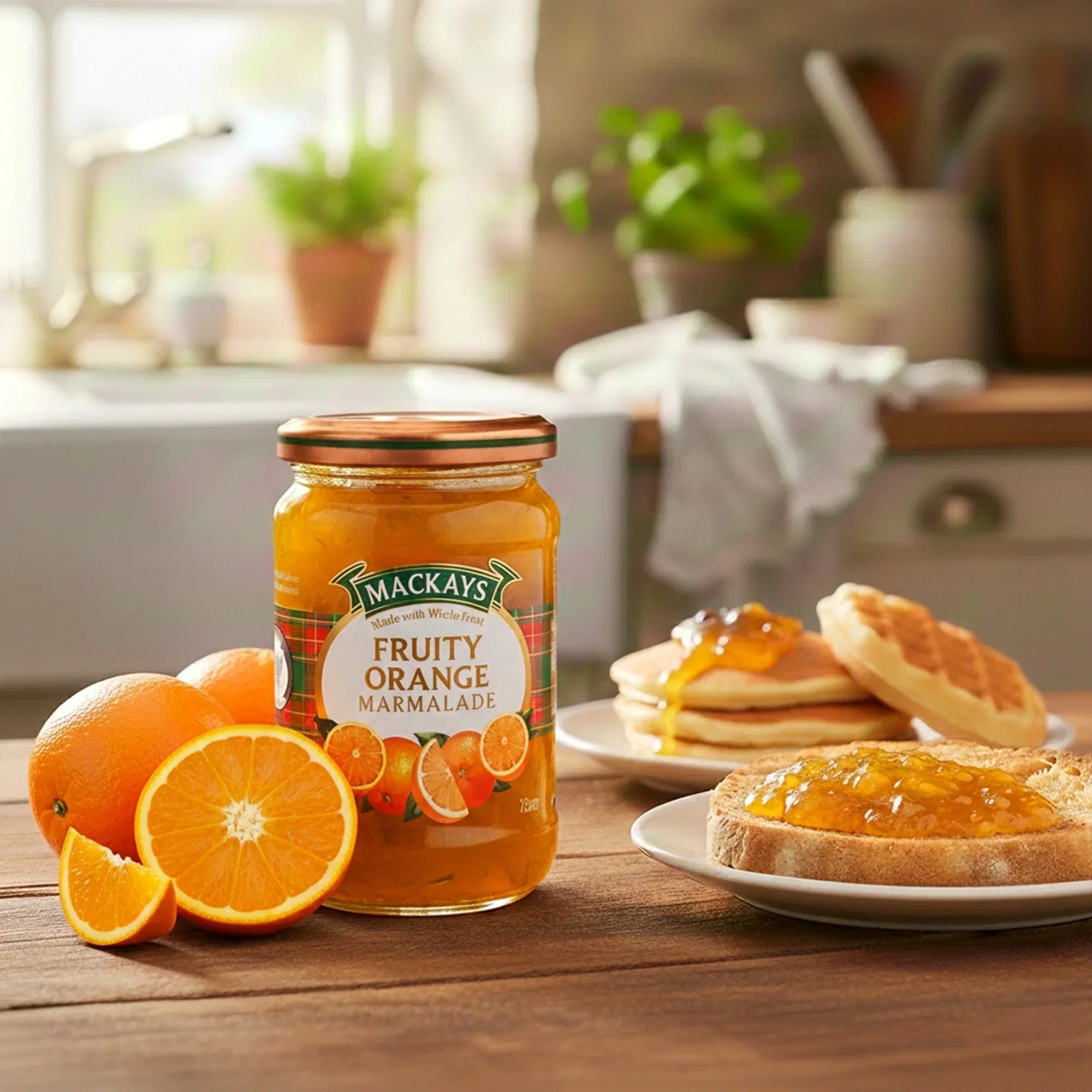 Jar of fruity orange marmalade with fresh oranges, toast, and pancakes on a kitchen table