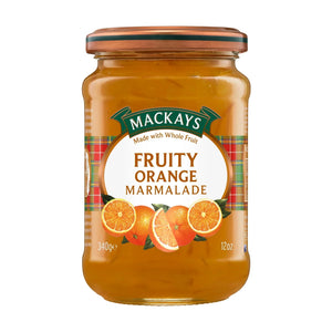 Jar of Mackays Fruity Orange Marmalade with label showing whole and sliced oranges, 340g 12oz