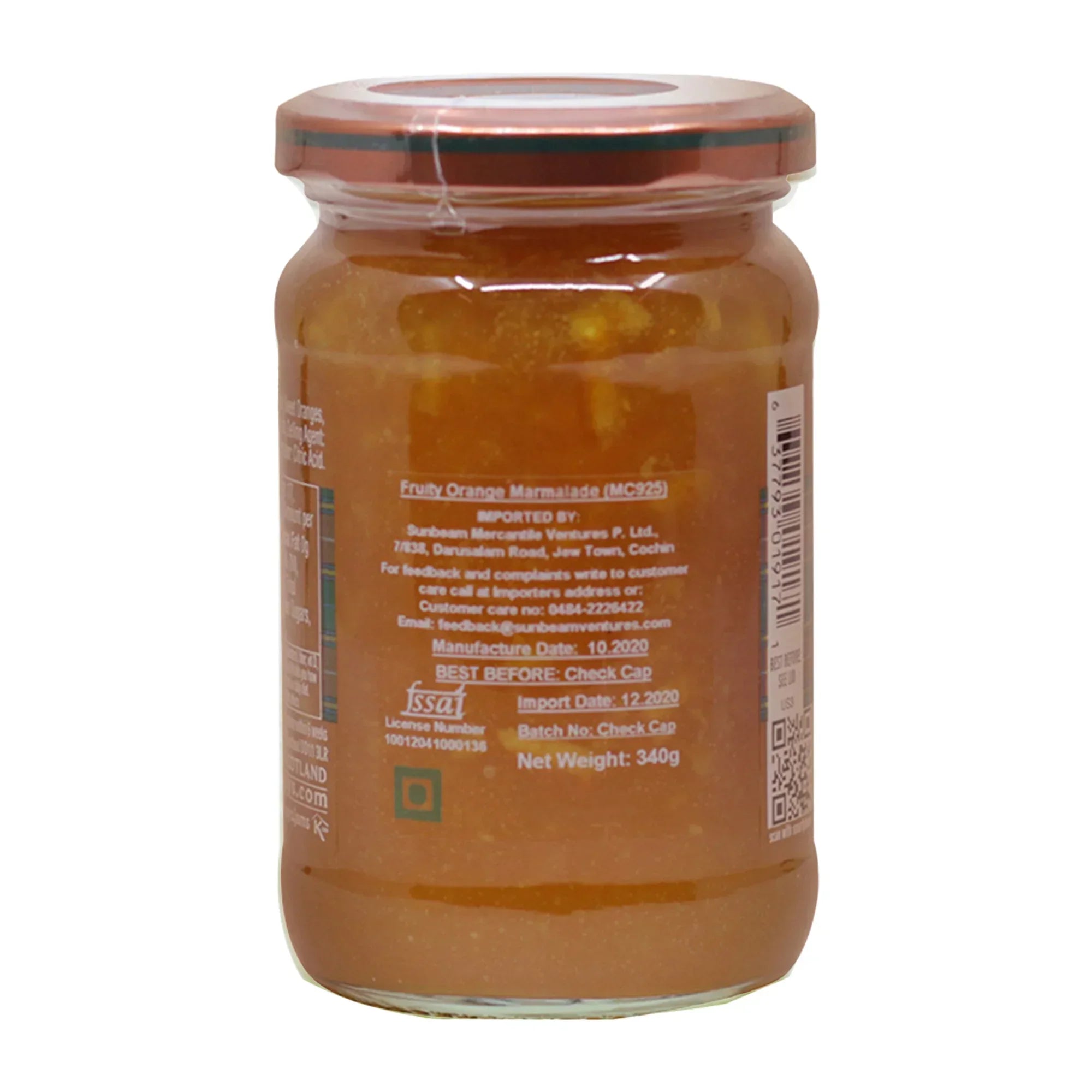 Jar of fruity orange marmalade with metallic lid and clear label showing product details