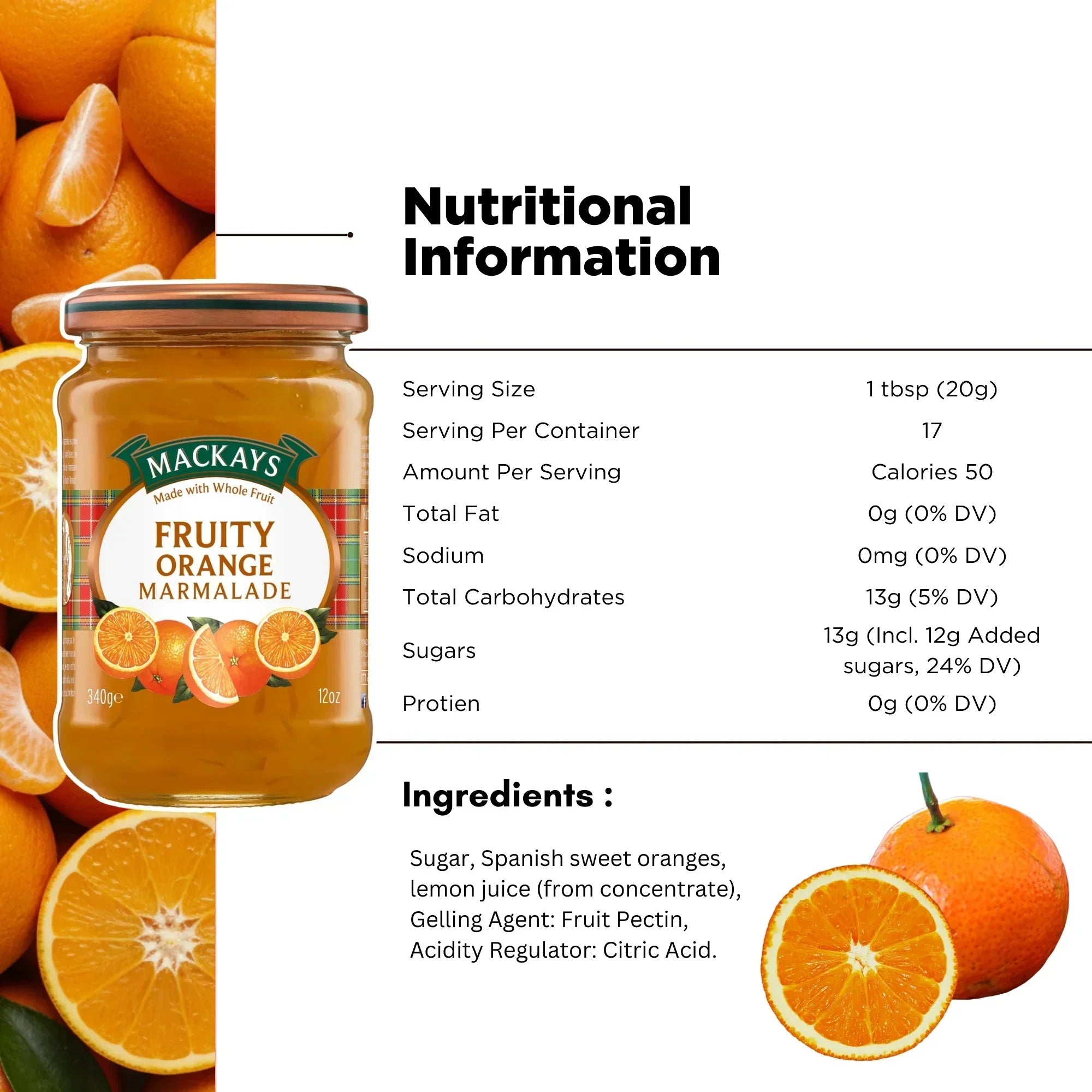 Jar of fruity orange marmalade with sliced oranges and nutrition information displayed.