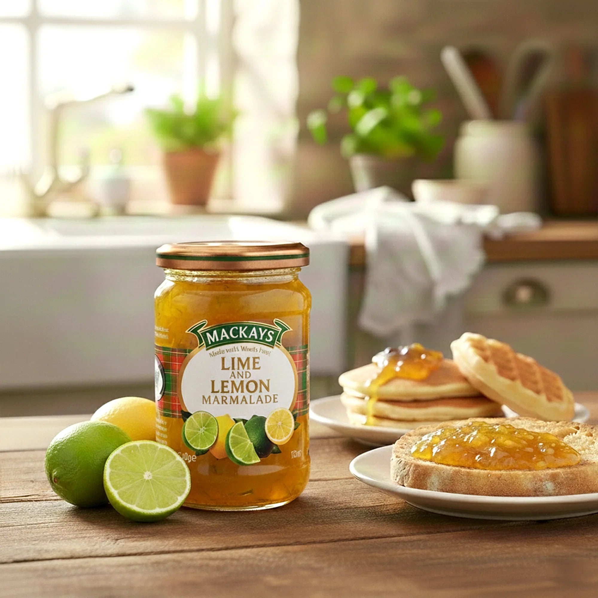 Jar of lime and lemon marmalade with fresh citrus and toast in a bright kitchen setting
