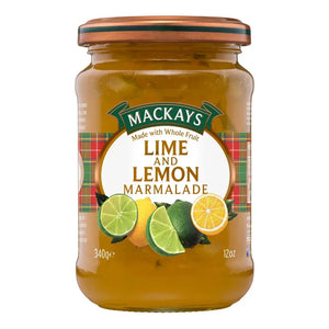 Jar of Mackays Lime and Lemon Marmalade with tart citrus fruit on label and copper lid