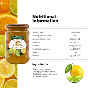 Mackays lime and lemon marmalade jar with sliced citrus fruits, nutrition facts and ingredients list.