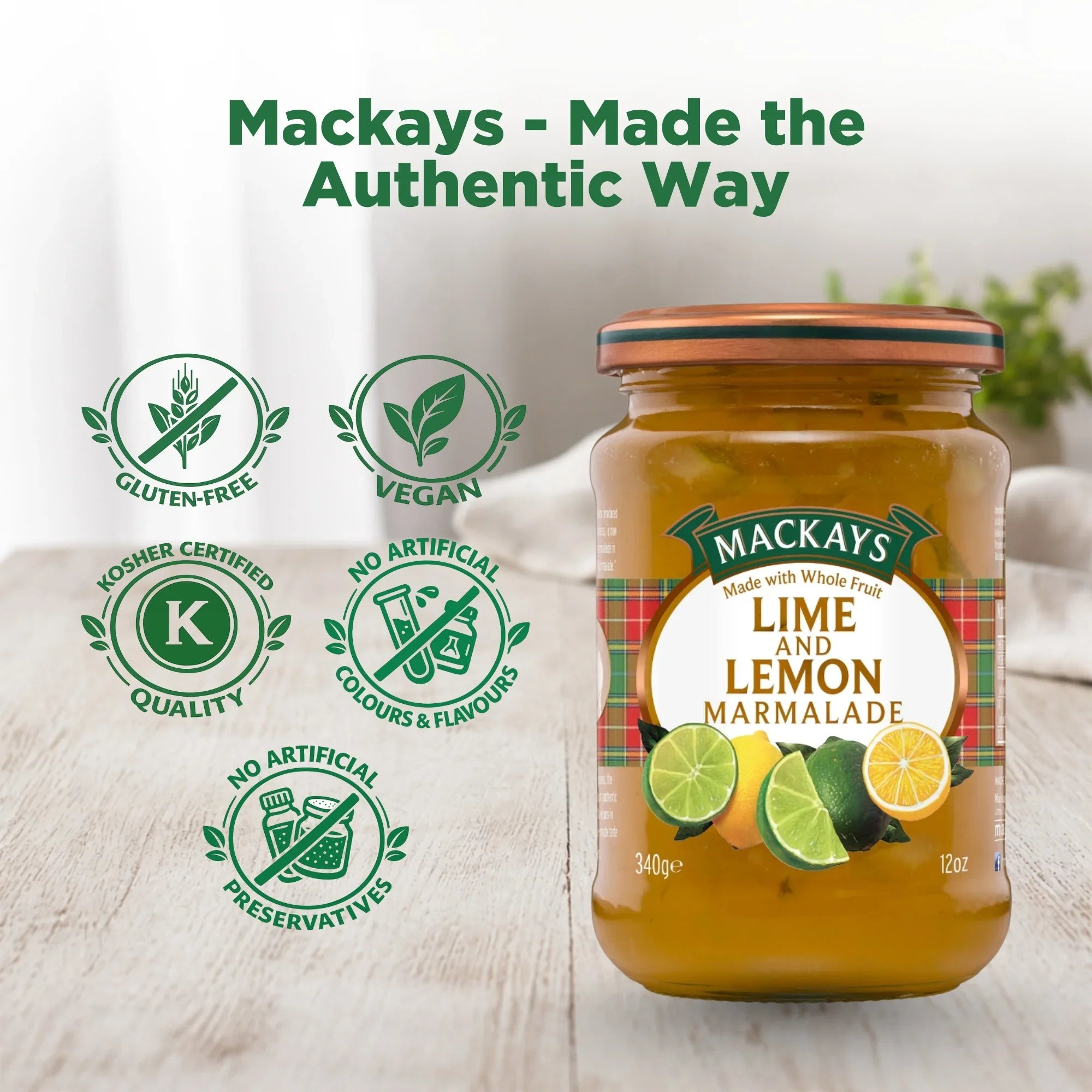 Mackays lime and lemon marmalade jar with gluten-free, vegan, kosher, and no additives icons
