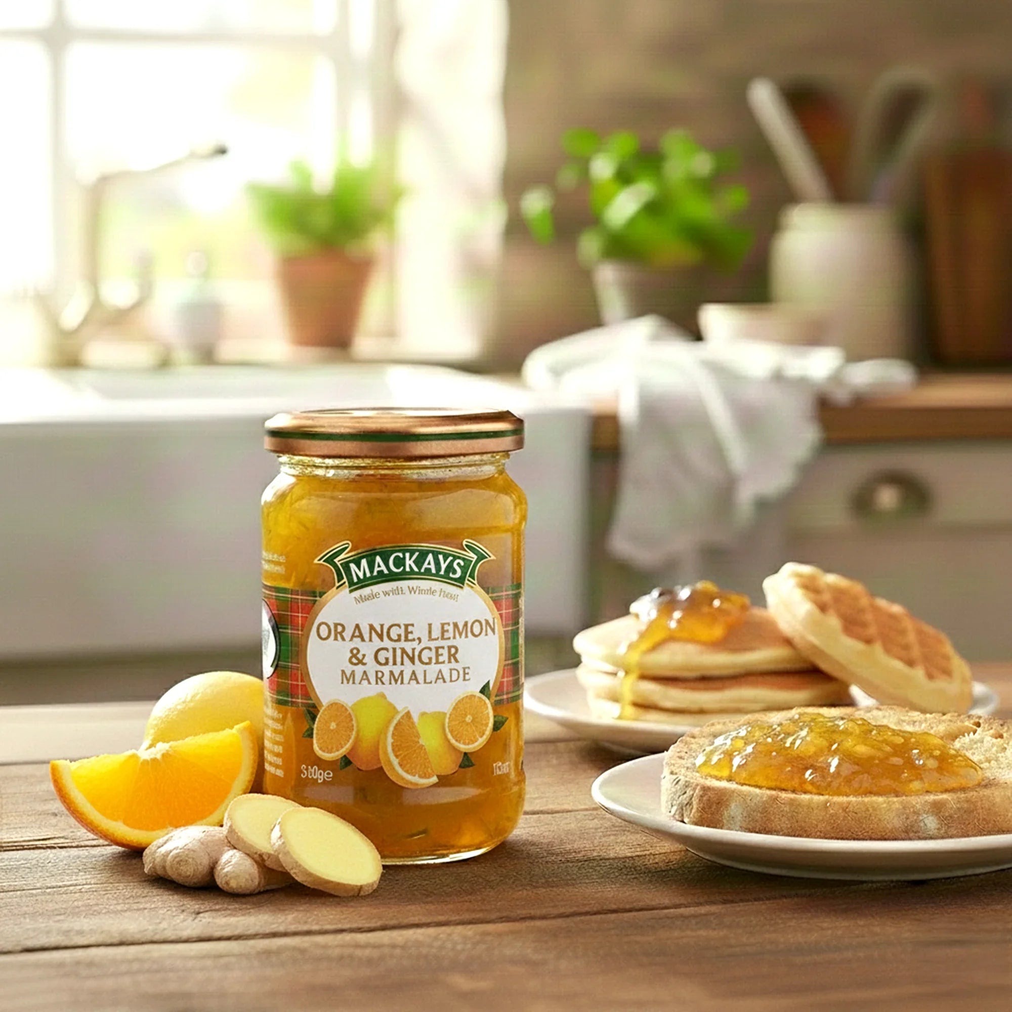 Jar of orange, lemon, and ginger marmalade with fresh fruit, muffins, and pancakes on table