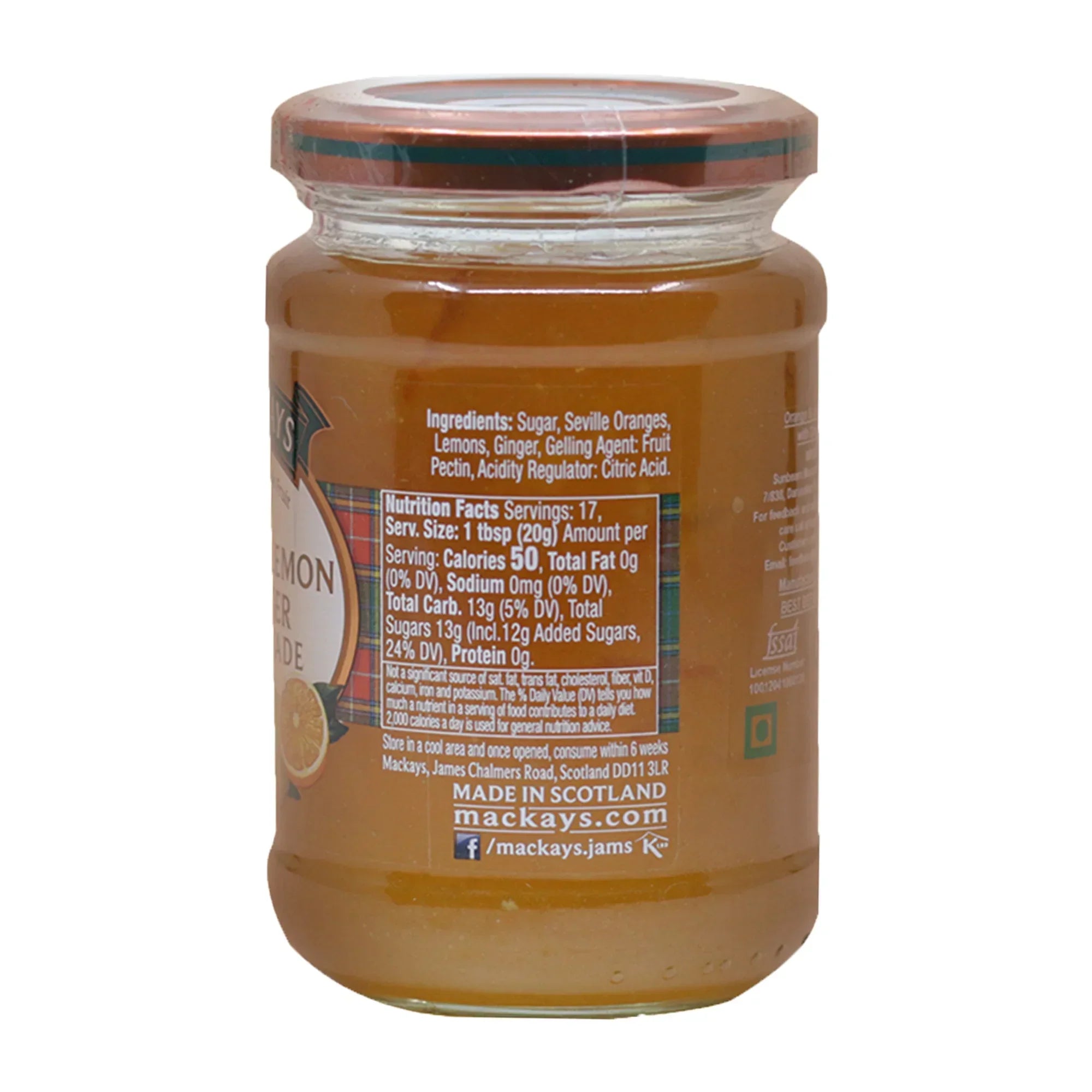 Jar of Mackays Orange Lemon Ginger marmalade showing nutrition facts and ingredients label