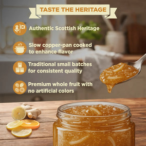 Jar of orange lemon ginger marmalade with citrus slices and ginger, text highlighting natural, premium ingredients and Scottish heritage.