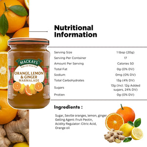 Mackays Orange Lemon & Ginger Marmalade jar with fresh oranges, lemons, ginger, and nutrition info.