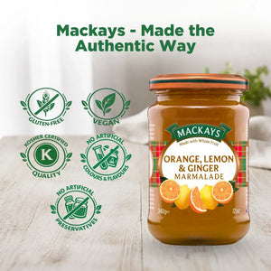 Mackays orange, lemon and ginger marmalade jar with vegan, gluten-free, kosher, no artificial additives icons