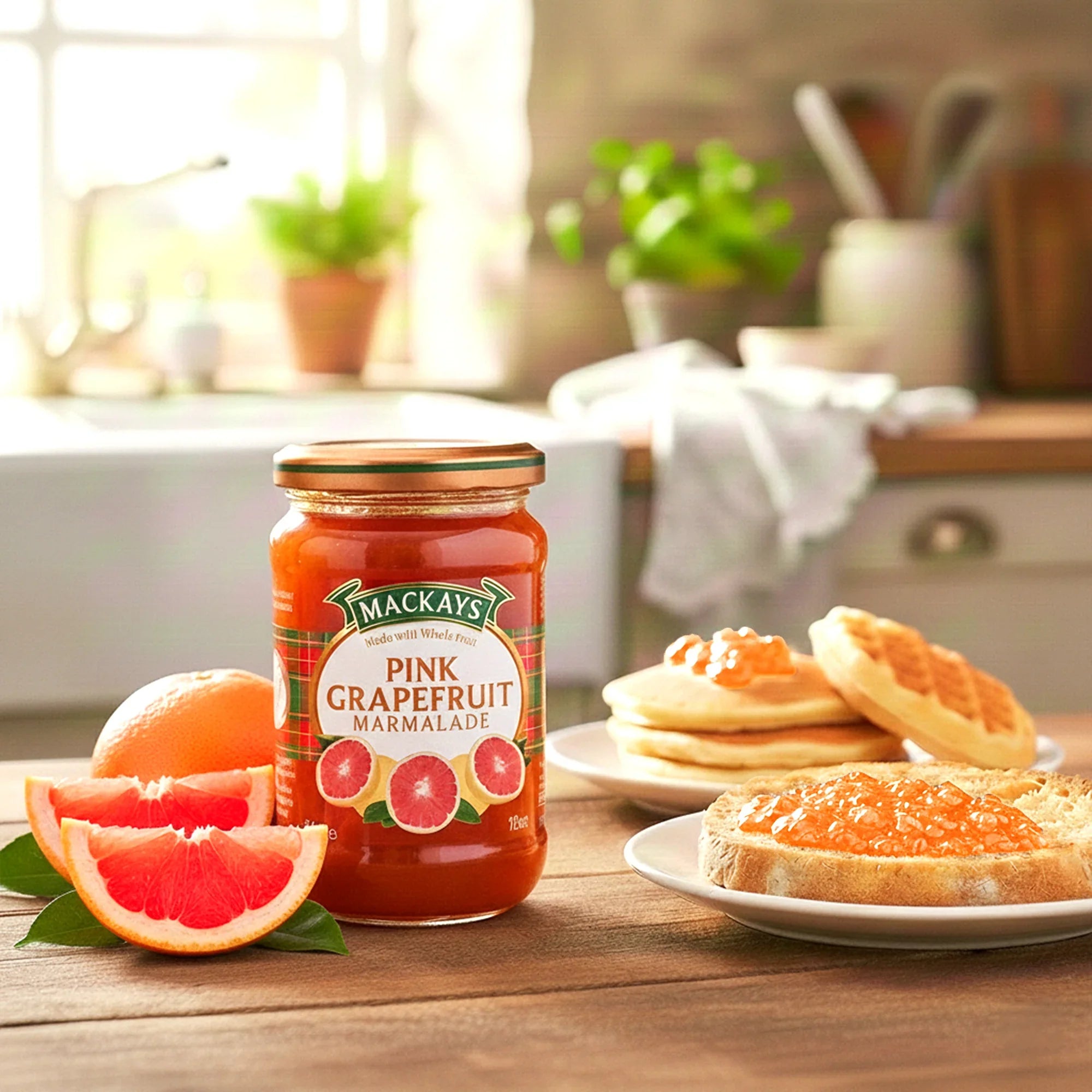 Mackays Pink Grapefruit Marmalade jar with sliced grapefruit and toast in a kitchen setting