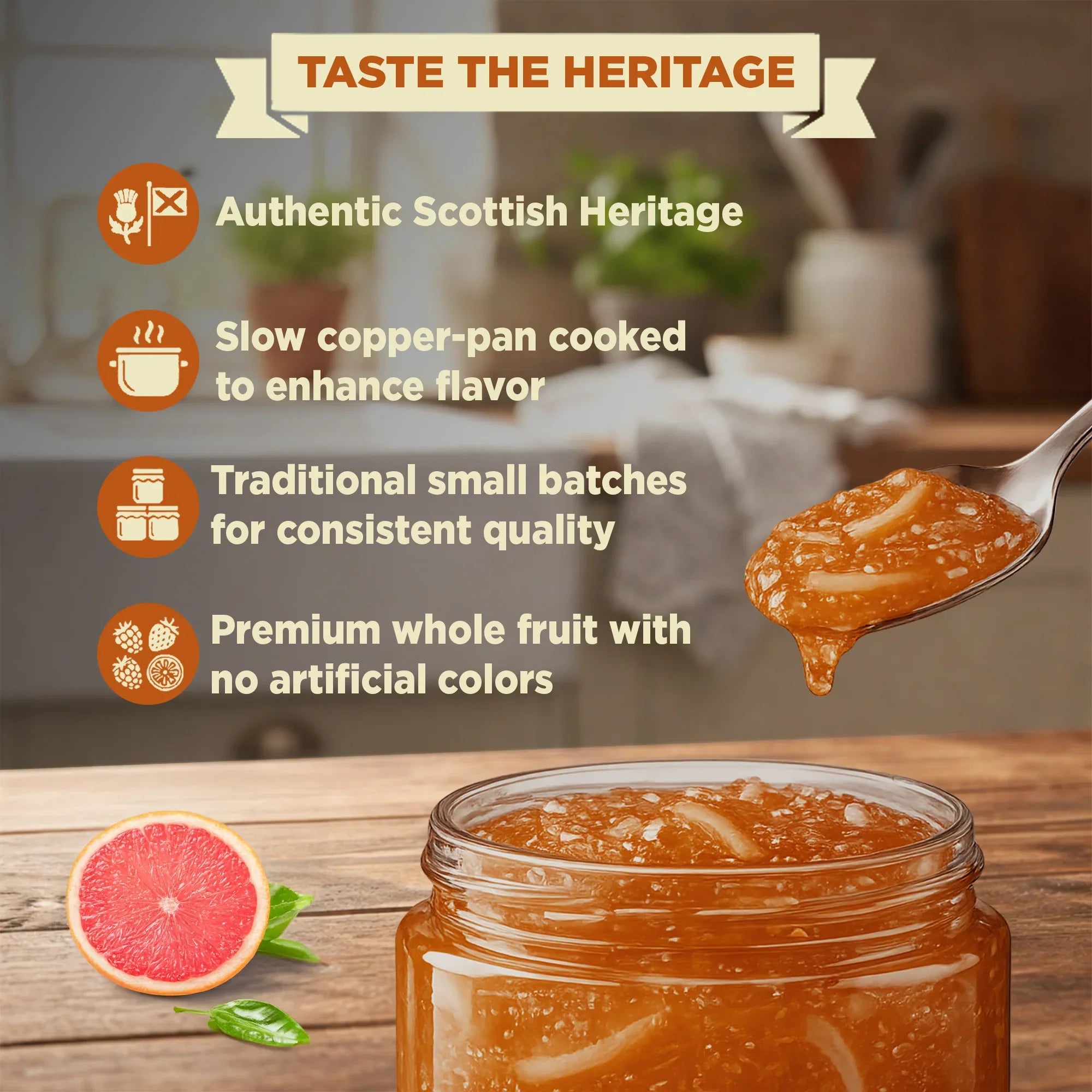 Pink grapefruit marmalade in a glass jar with spoon, fresh fruit, and key product features listed.