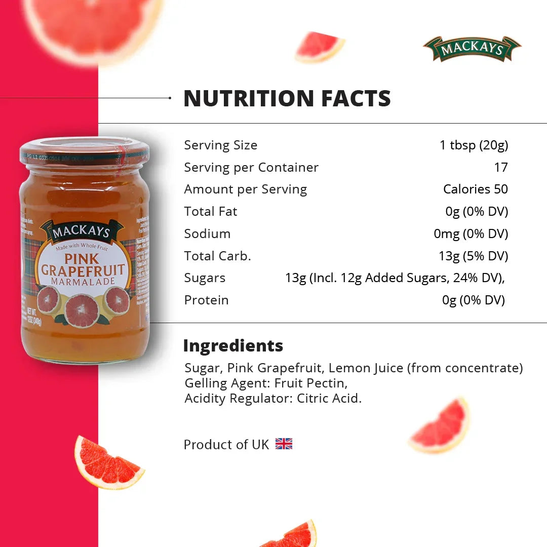 Mackays Pink Grapefruit Marmalade jar with nutrition facts and ingredient list on white background