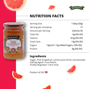 Mackays Pink Grapefruit Marmalade jar with nutrition facts and ingredient list on white background