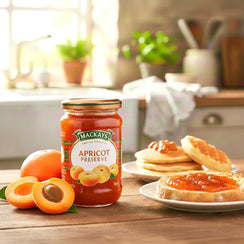 Jar of apricot preserve with fresh apricots and toast in a bright kitchen setting