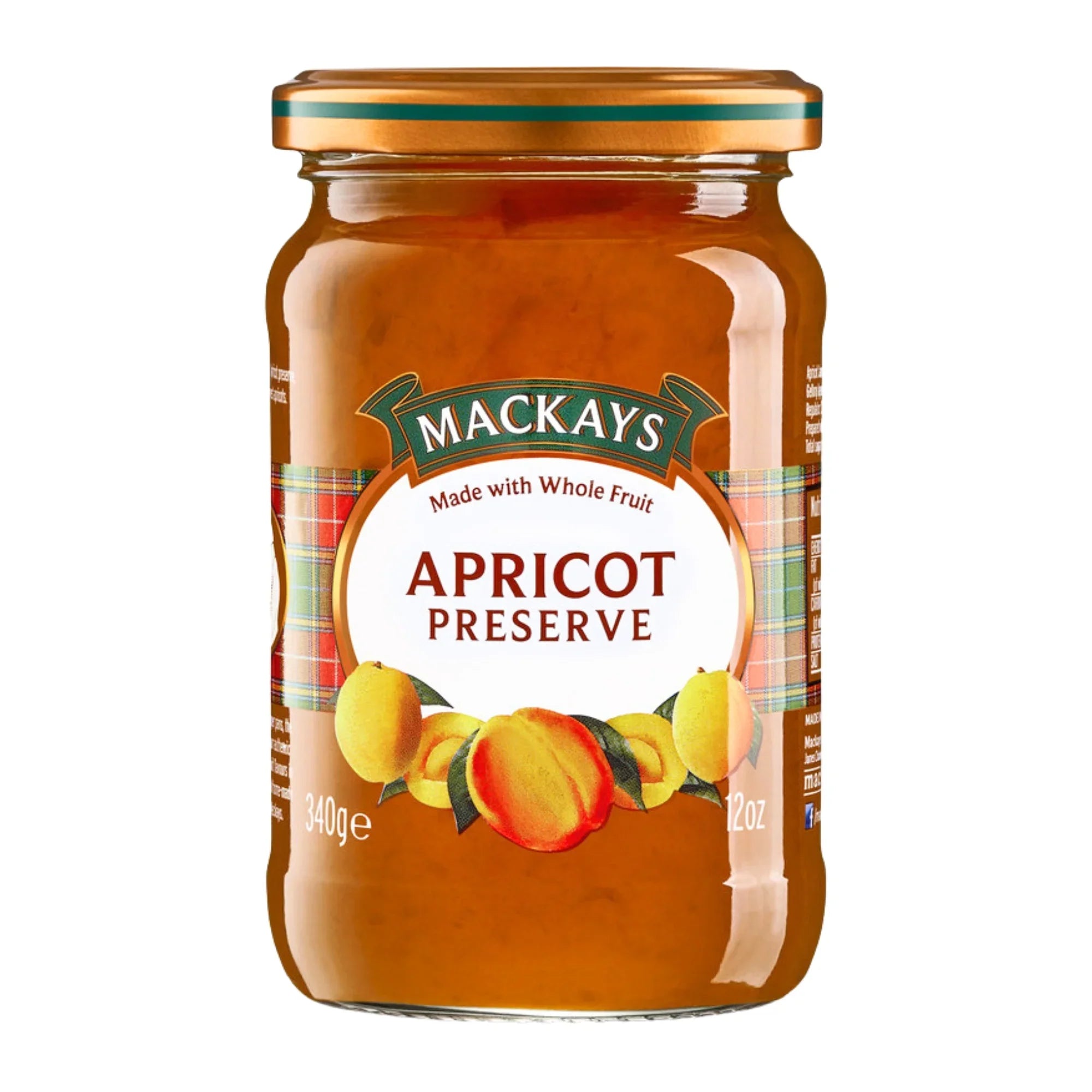 Mackays Apricot Preserve jar with whole fruit, 340g, product label and apricot illustration