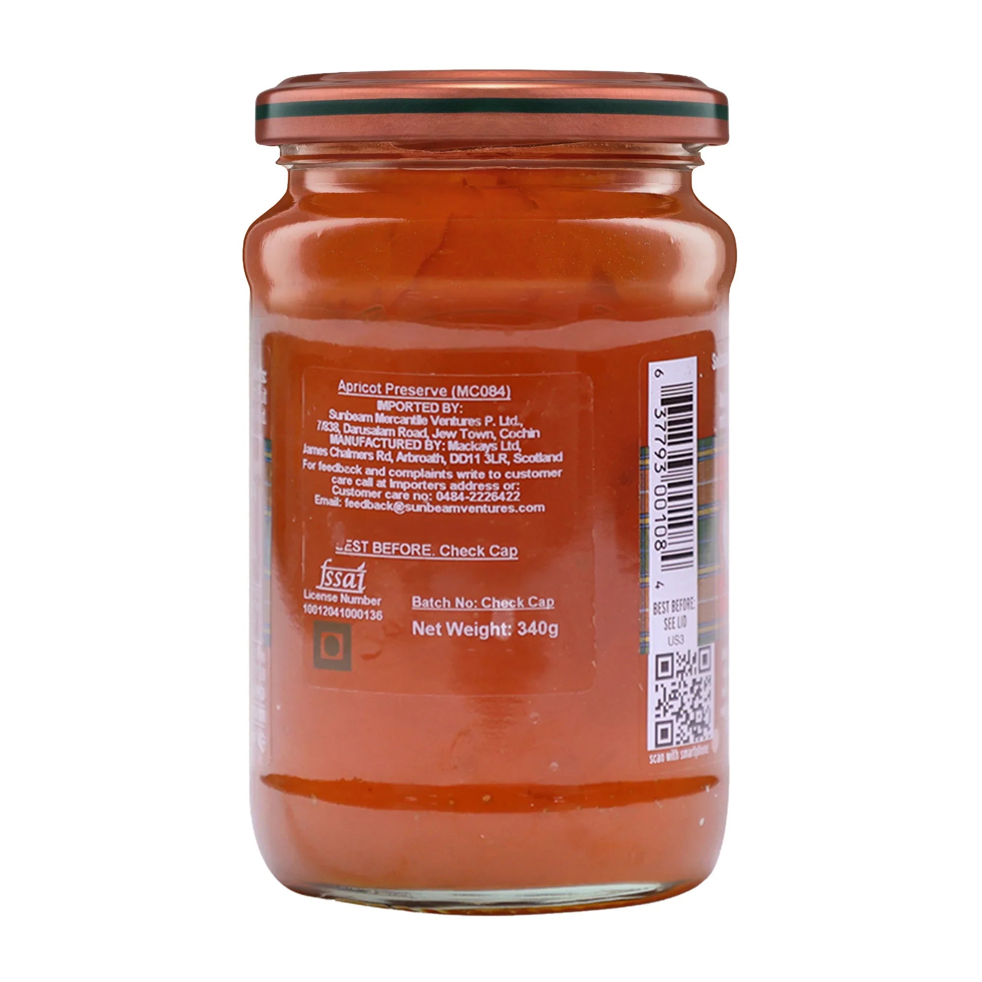 Back view of apricot preserve jar with label details and barcode, 340g net weight.