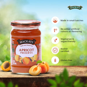Jar of Mackays Scottish Apricot Preserve on wooden surface with fresh apricots and product features