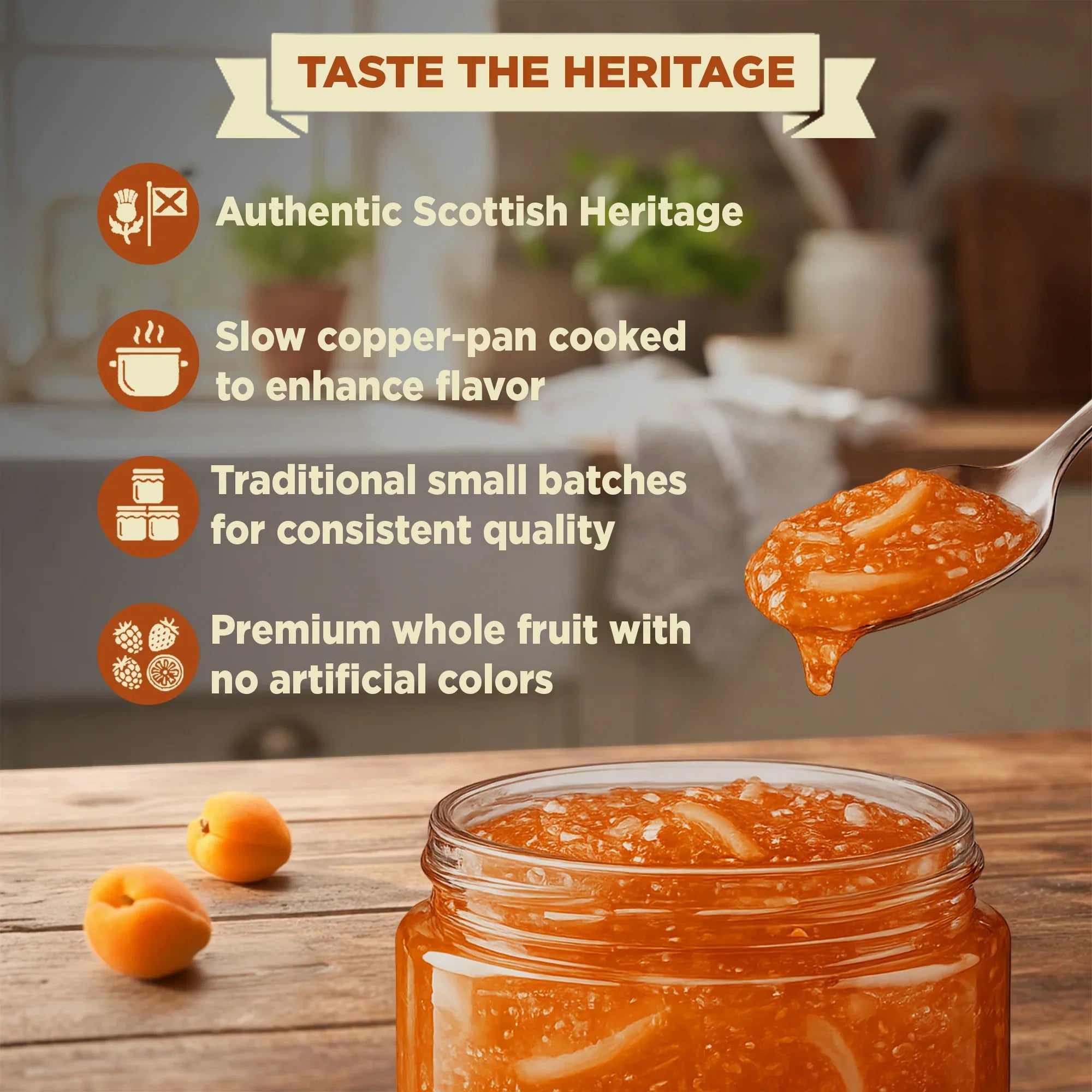 Glass jar of Scottish apricot preserve with visible fruit chunks on rustic kitchen table