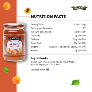 Mackays Scottish Apricot Preserve jar with nutrition facts and ingredients on white background
