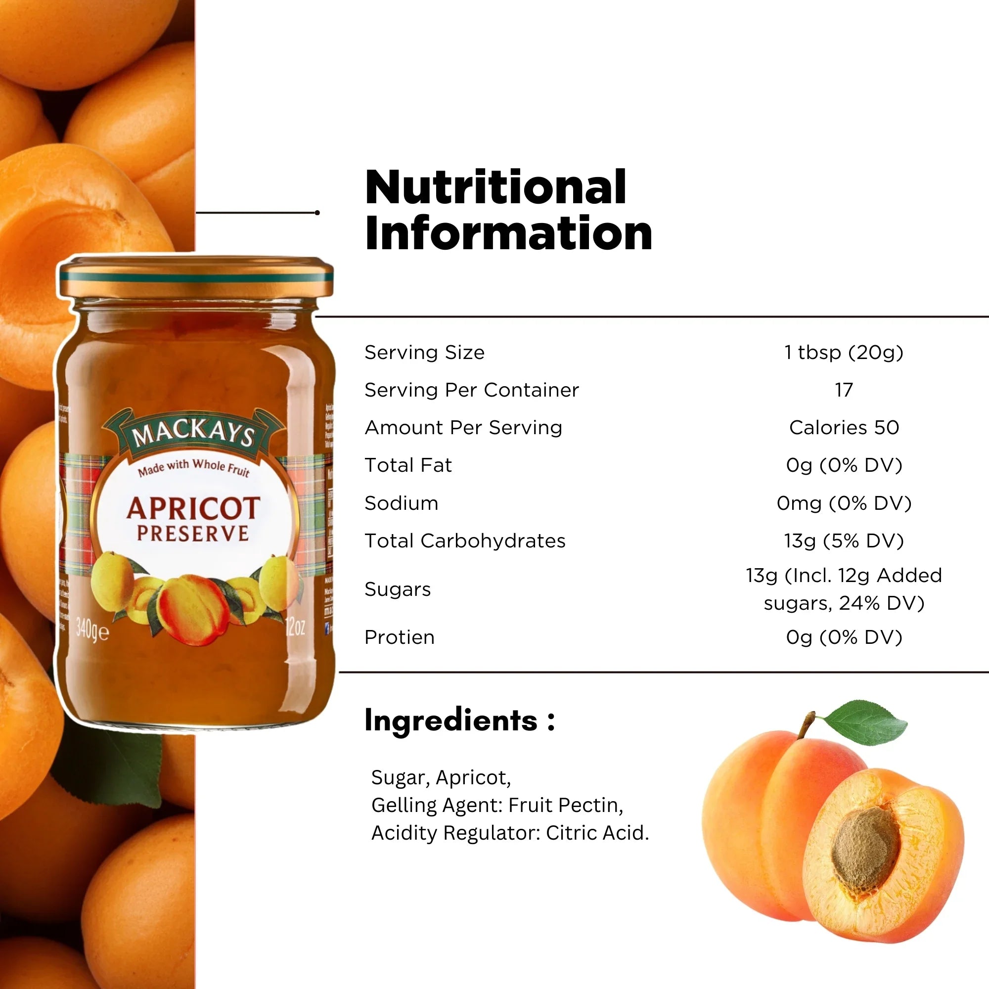 Glass jar of Mackays apricot preserve with apricots, nutrition facts, and ingredients list.