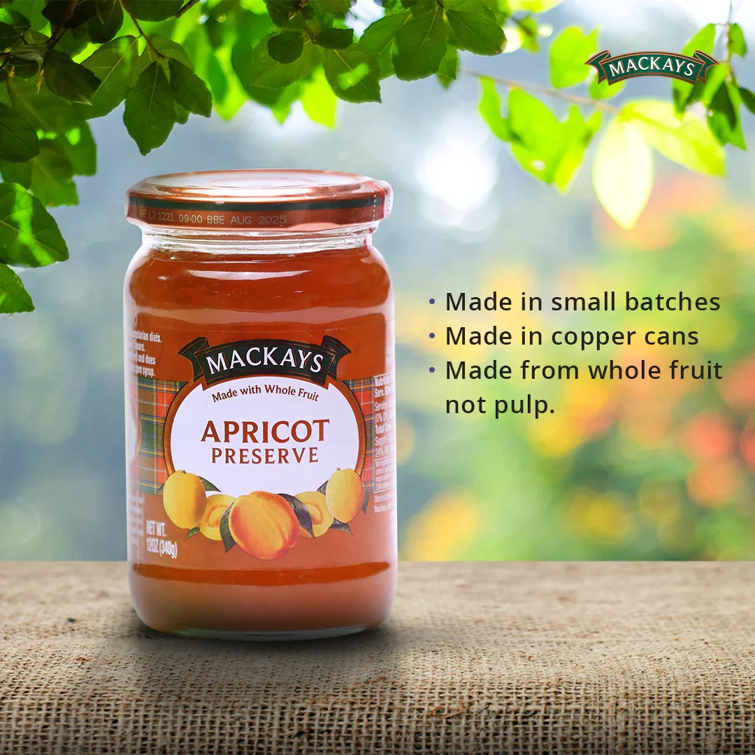 Mackays Apricot Preserve jar on rustic burlap with green leaves and product benefits text