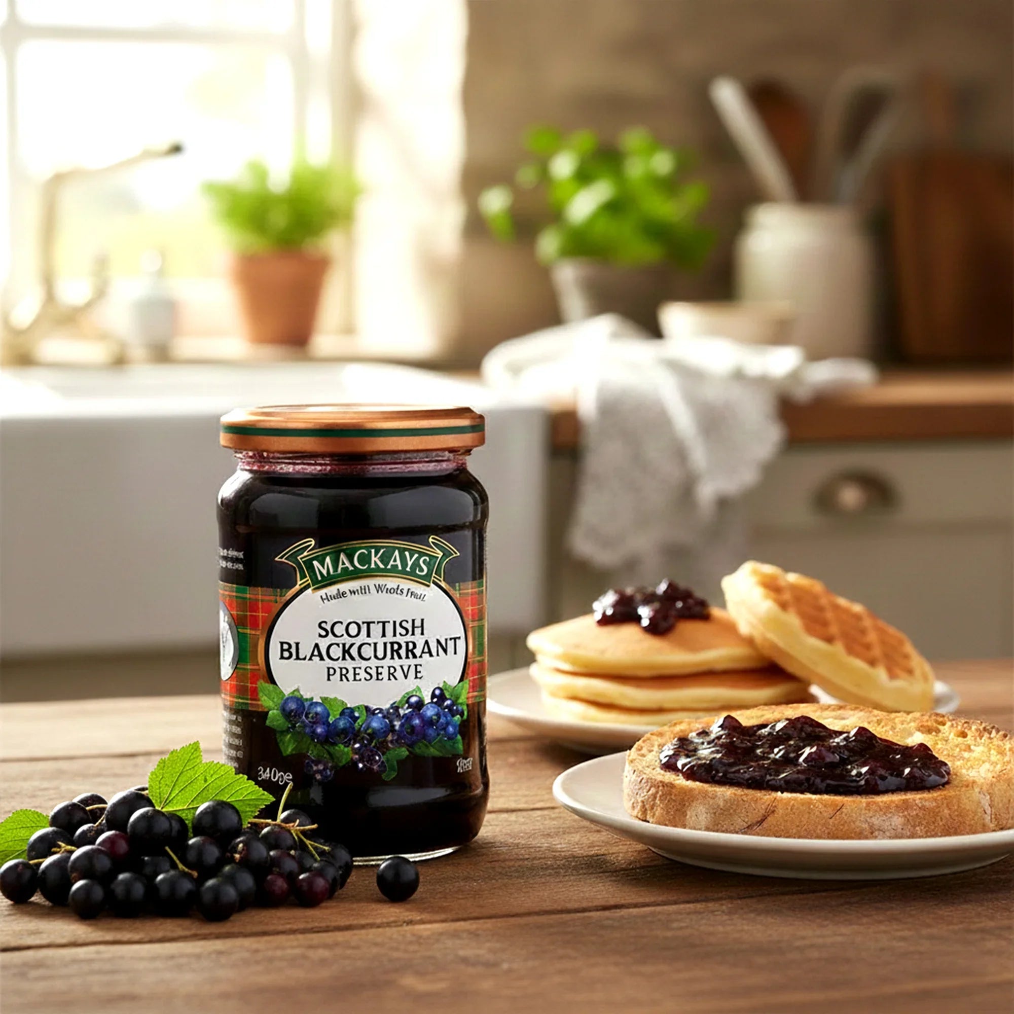 Jar of Scottish blackcurrant preserve with fresh blackcurrants, toast, and pancakes