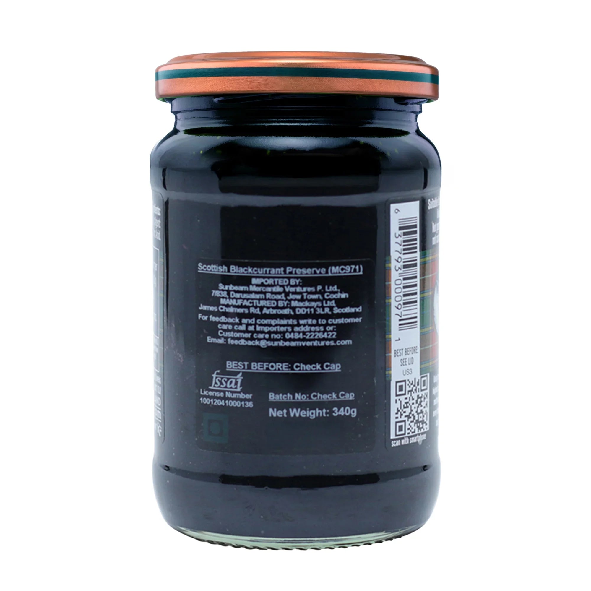 Back of Scottish Blackcurrant Preserve glass jar with label, barcode, and net weight 340g