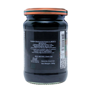 Back of Scottish Blackcurrant Preserve glass jar with label, barcode, and net weight 340g