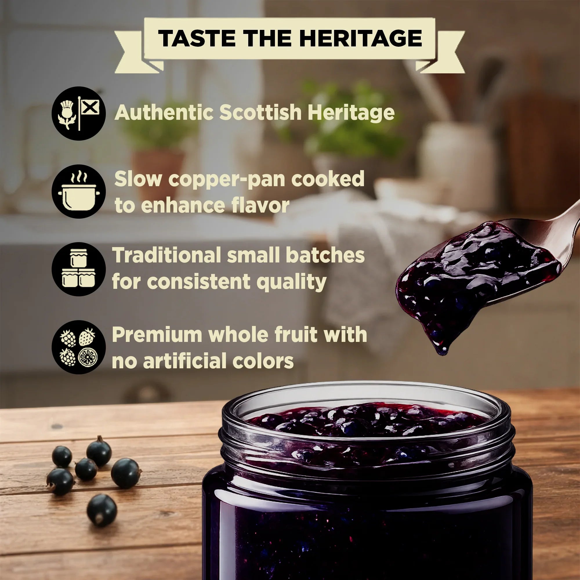 Open jar of Scottish blackcurrant preserve with whole fruit, spoonful above, rustic kitchen backdrop.