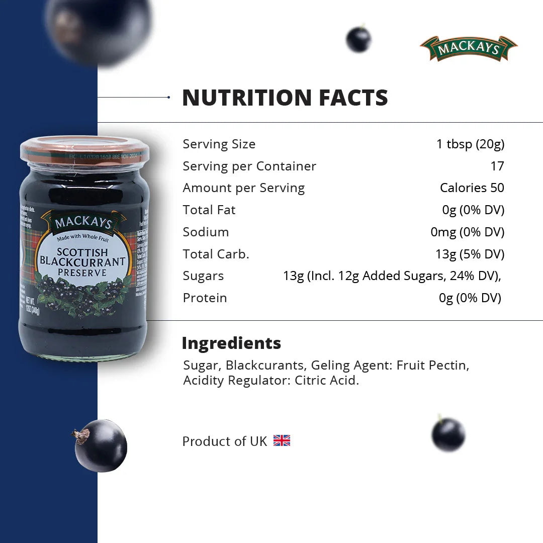 Mackays Scottish Blackcurrant Preserve jar with nutrition facts, ingredients, and UK product label