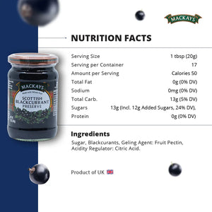 Mackays Scottish Blackcurrant Preserve jar with nutrition facts, ingredients, and UK product label