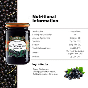 Mackays Scottish Blackcurrant Preserve jar with nutritional information and blackcurrants.
