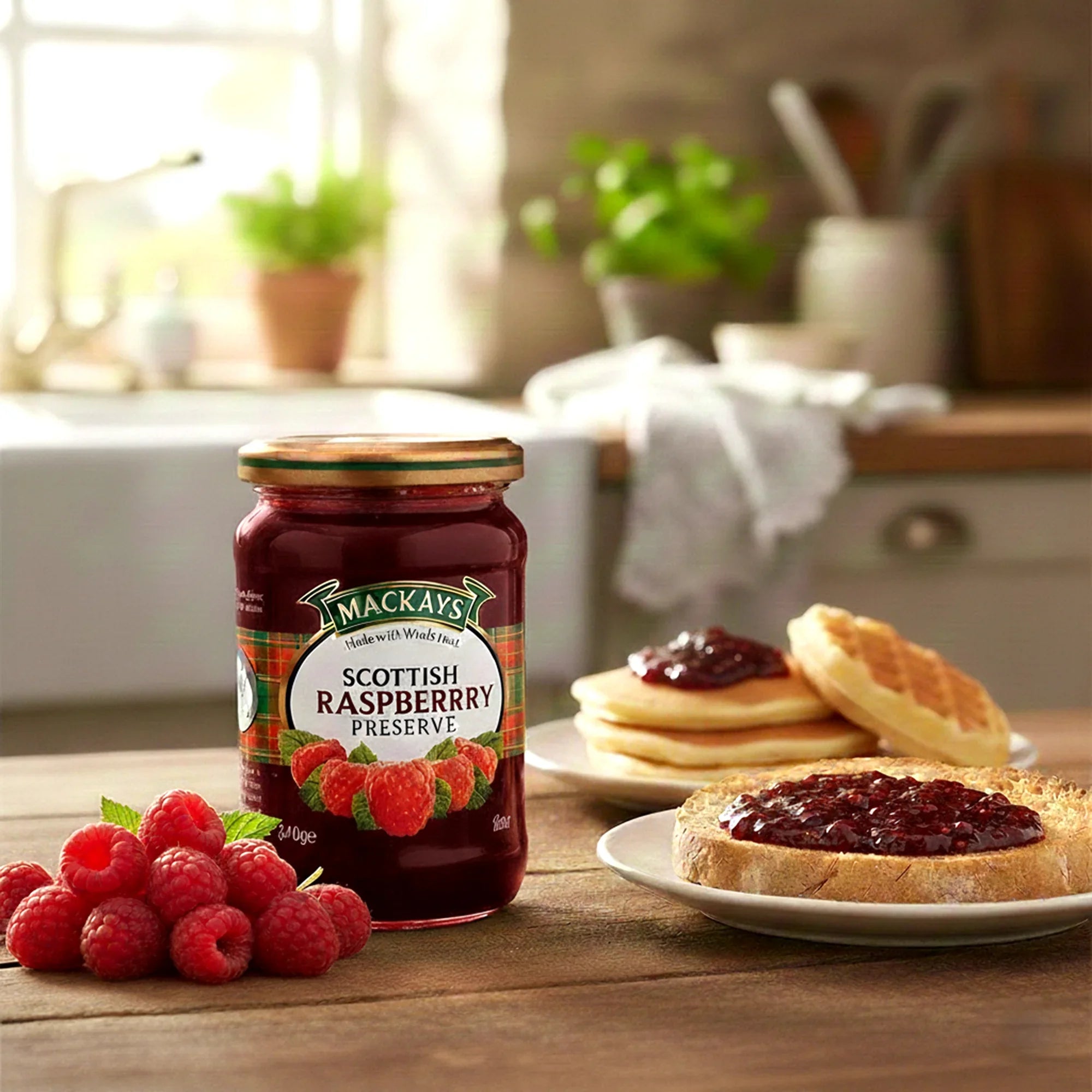 Jar of Scottish raspberry preserve with fresh raspberries, pancakes, and toast in a kitchen