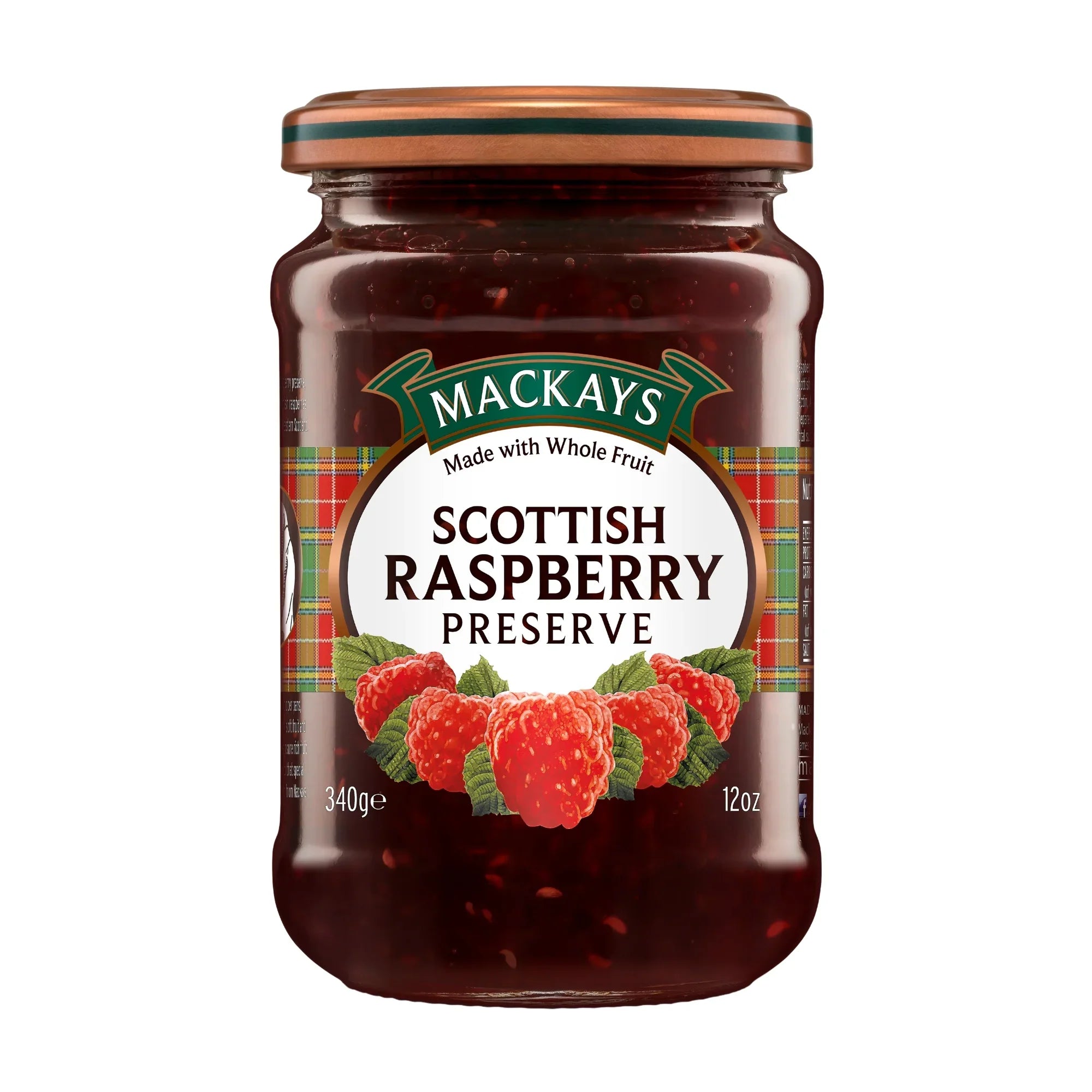 Jar of Mackays Scottish Raspberry Preserve with tartan label and fresh raspberries illustration
