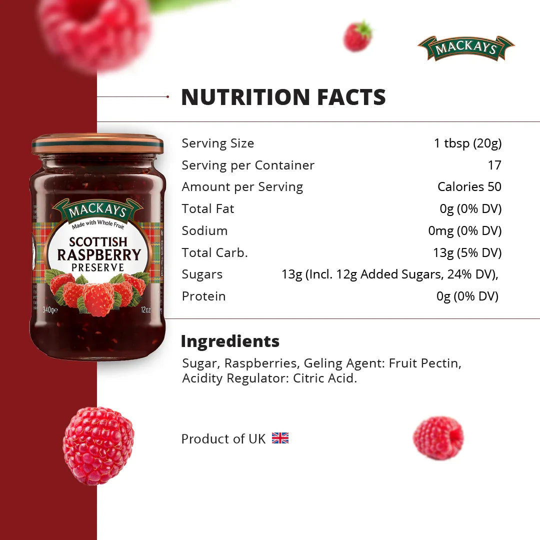 Mackays Scottish Raspberry Preserve jar with nutrition facts and ingredients on white and red background