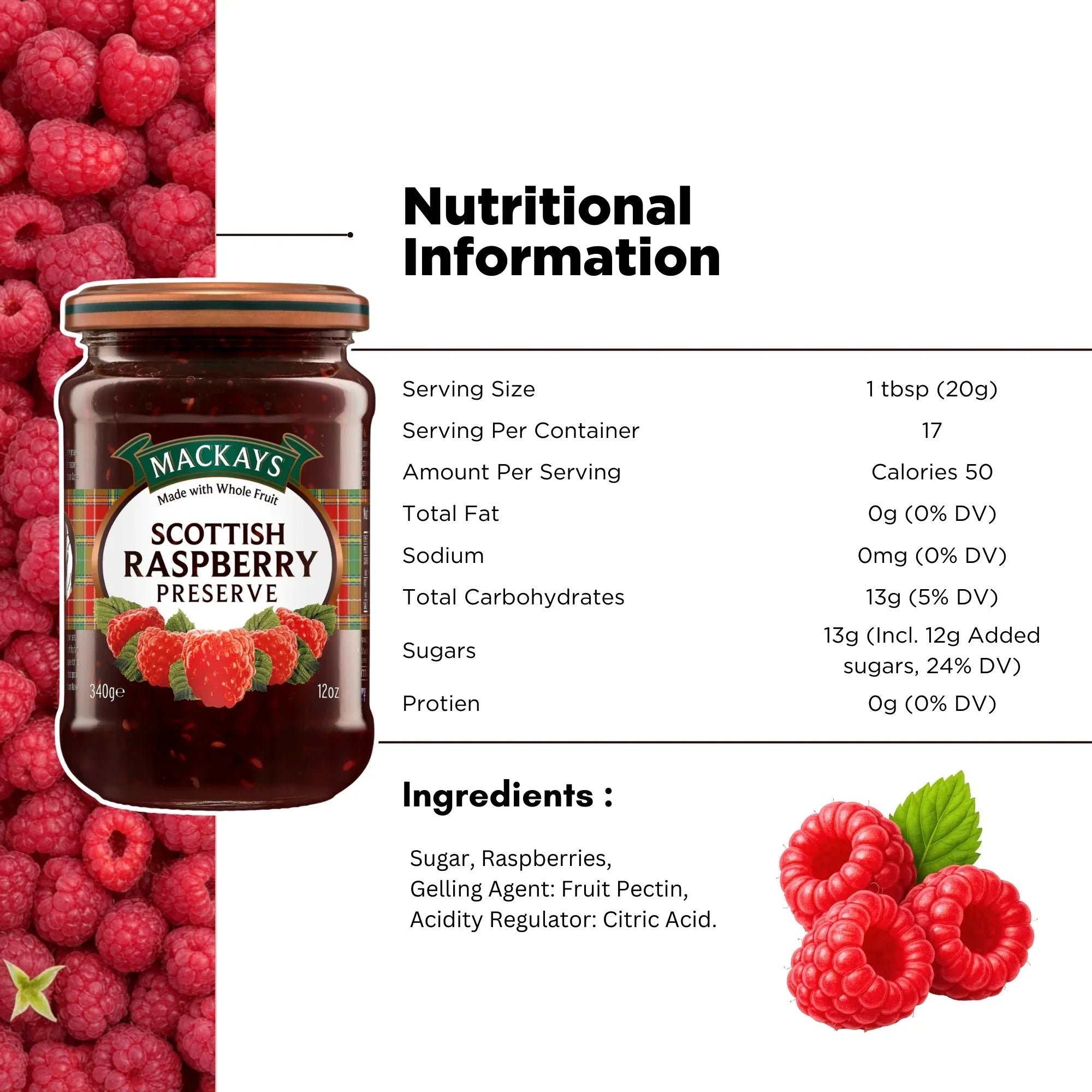 Jar of Scottish raspberry preserve with fresh raspberries, nutrition facts, and ingredients